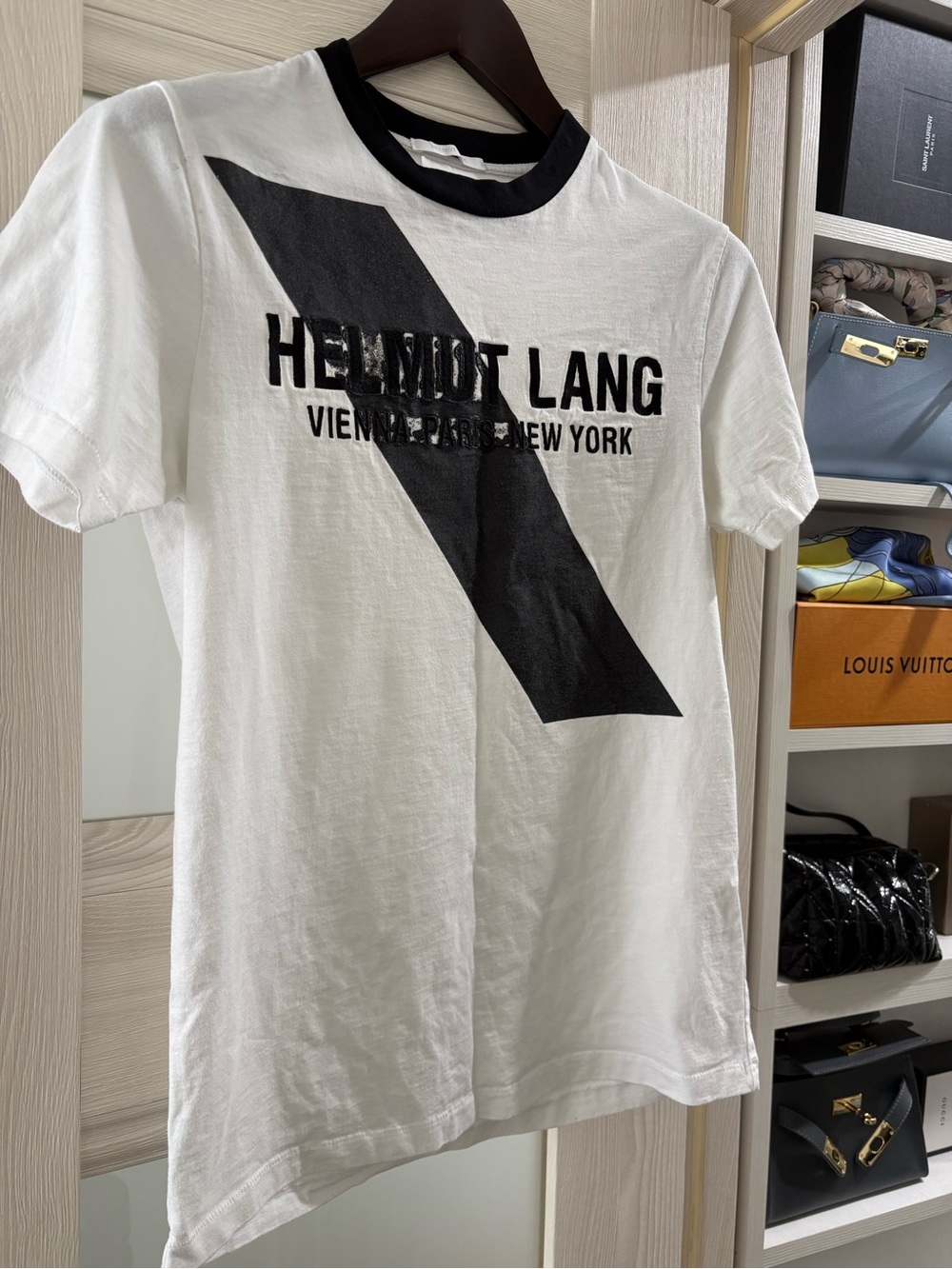 Helmut Lang White Tee with Black Ribbed Neck